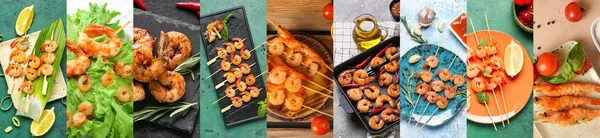 Set Tasty Cooked Shrimps Table Top View — 스톡 사진