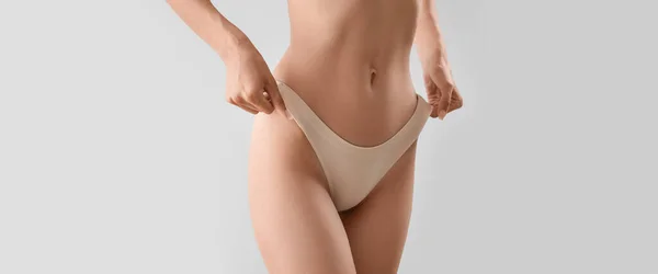 Slim Young Woman Underwear Light Background Closeup — Stok fotoğraf