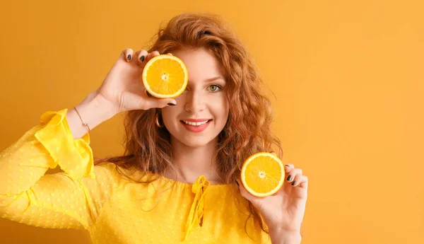 Beautiful Young Redhead Woman Cut Orange Color Background — Stock Photo, Image