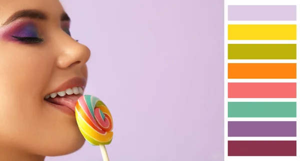 美丽的年轻女子在紫丁香背景下吃甜棒棒糖 不同的色彩模式 — 图库照片