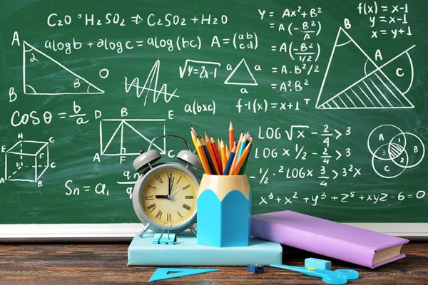 Set School Supplies Clock Table Classroom Time Study — Photo