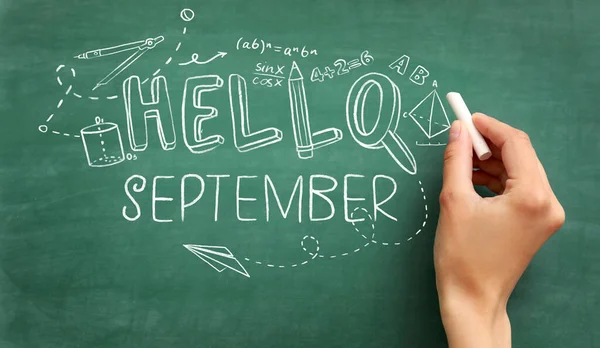 Woman Hand Chalk Writing Text Hello September School Blackboard — Photo