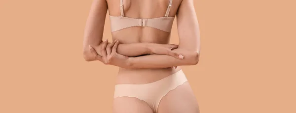 Slim Young Woman Underwear Beige Background Back View — Stok fotoğraf