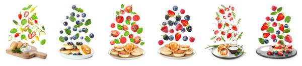 Set Von Leckeren Salzigen Und Süßen Quark Pfannkuchen Mit Gemüse — Stockfoto