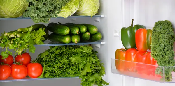 Assortiment Légumes Frais Réfrigérateur Ouvert — Photo