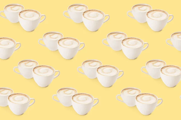 Many Cups Hot Coffee Yellow Background Pattern Design —  Fotos de Stock