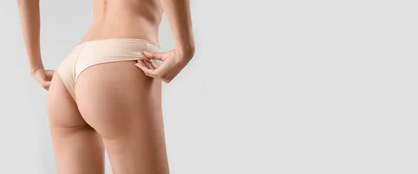 Slim Young Woman Underwear Light Background Space Text — Fotografia de Stock