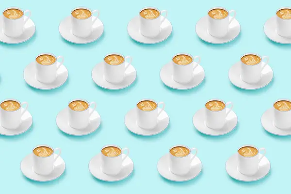 Many Cups Hot Coffee Light Blue Background Pattern Design —  Fotos de Stock