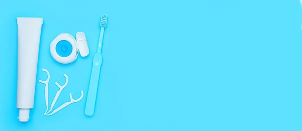 Set Oral Hygiene Light Blue Background Space Text — Stock Photo, Image