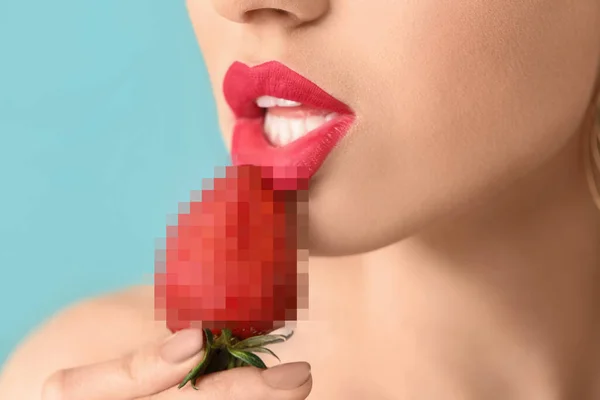 Sexy Young Woman Strawberry Light Blue Background Closeup Censorship Concept — Stock Fotó