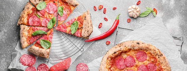 Composition Tasty Pepperoni Pizza Grey Background — Stockfoto