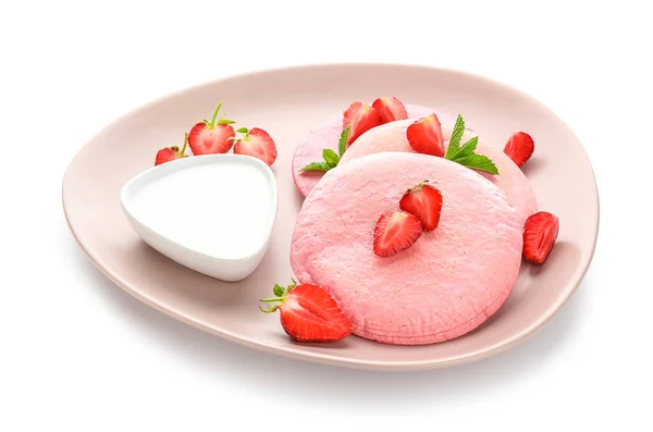 Plate Pink Pancakes Strawberry Sour Cream Isolated White Background — Photo
