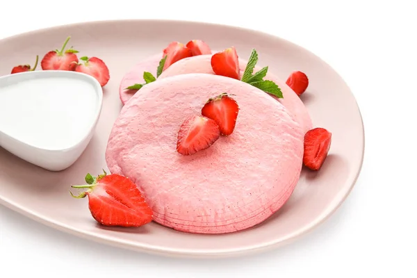 Plate Pink Pancakes Strawberry Sour Cream White Background Closeup — ストック写真