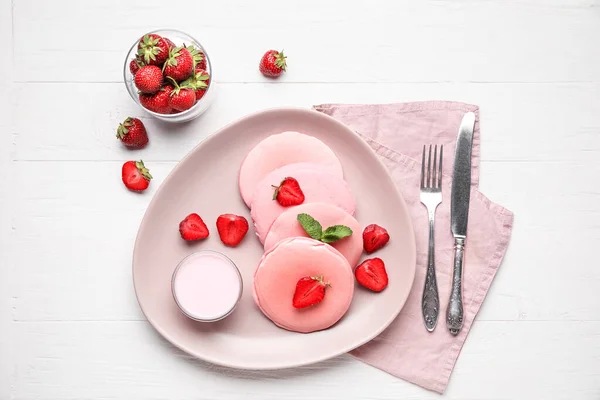 Composition Pink Pancakes Strawberry Sour Cream Light Wooden Background — ストック写真