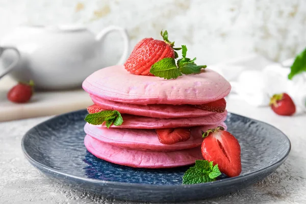 Plate Tasty Pink Pancakes Table Closeup — Photo