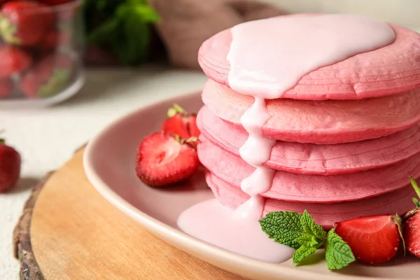 Plate Tasty Pink Pancakes Sauce Table Closeup — Photo