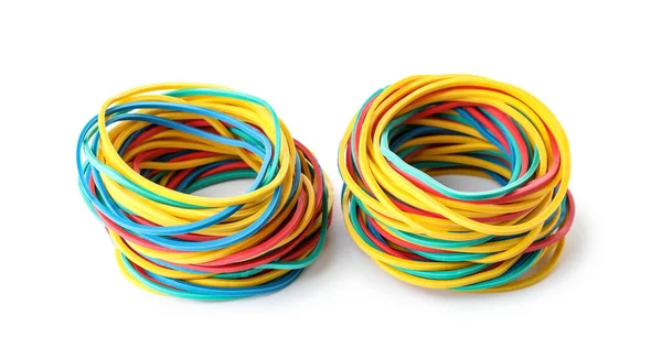 Two Stacks Colorful Rubber Bands White Background — 스톡 사진