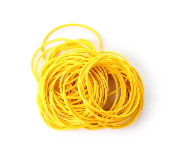 Heap Yellow Rubber Bands Isolated White Background — Zdjęcie stockowe