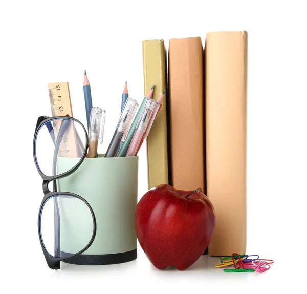School Stationery Eyeglasses Books Apple White Background — Stockfoto