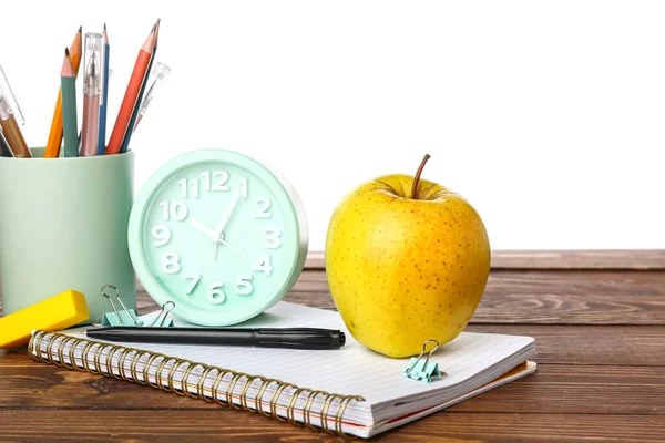 School Stationery Apple Wooden Table White Background — Stock Fotó