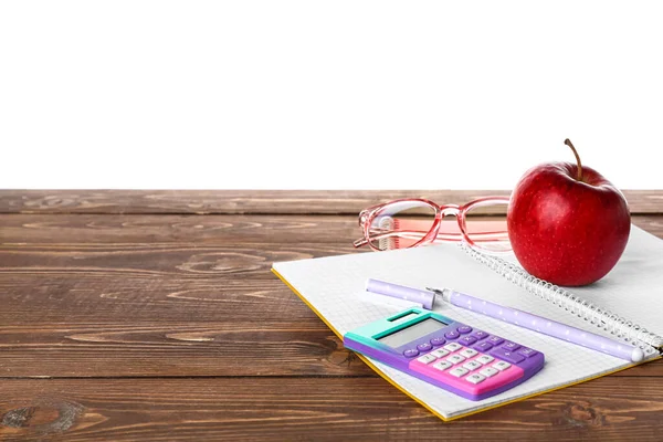 School Stationery Apple Eyeglasses Wooden Table White Background — 스톡 사진