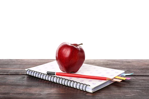 Notebook Pencil Apple Wooden Table White Background — Stockfoto