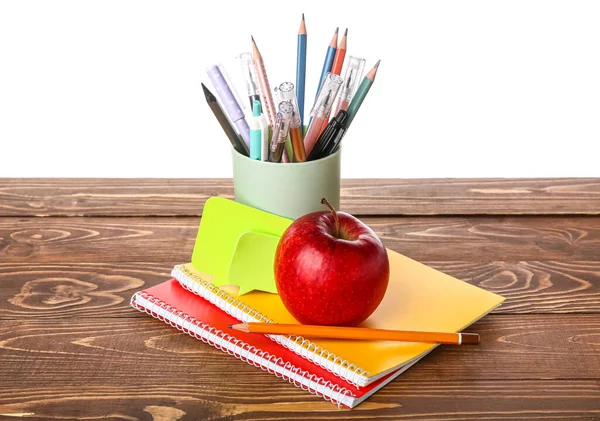 School Stationery Apple Wooden Table White Background — Zdjęcie stockowe