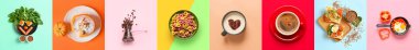 Collage of tasty breakfasts on color background, top view
