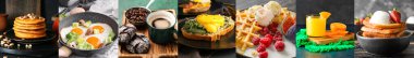 Set of tasty breakfasts on dark background