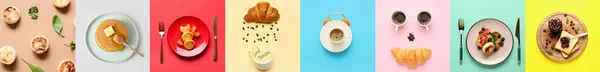 Collage Tasty Breakfasts Color Background Top View — Fotografia de Stock