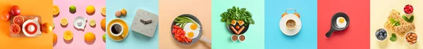 Collage Tasty Breakfasts Color Background Top View — 스톡 사진