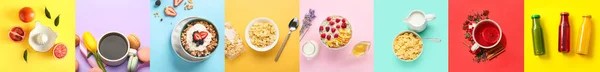 Collage Von Leckeren Frühstücken Auf Farbigem Hintergrund Draufsicht — Stockfoto