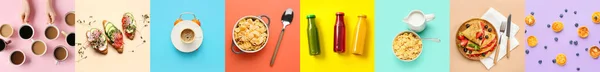 Collage Tasty Breakfasts Color Background Top View — 스톡 사진
