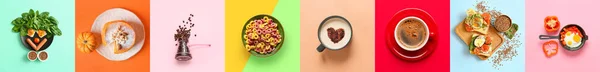 Collage Von Leckeren Frühstücken Auf Farbigem Hintergrund Draufsicht — Stockfoto