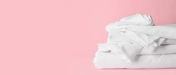 Stack Clean Bed Sheets Pink Background Space Text — Foto de Stock