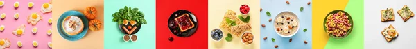 Collage Tasty Breakfasts Color Background Top View — 스톡 사진