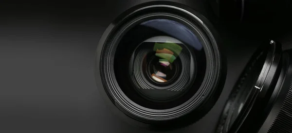 Lenses Photo Camera Dark Background Closeup — Stok fotoğraf
