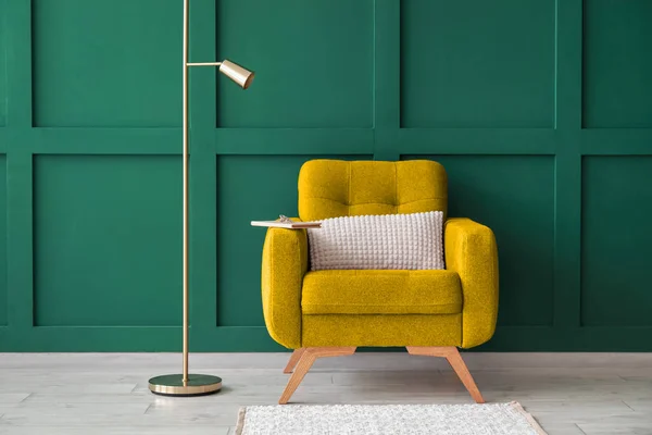 Comfortable Armchair Floor Lamp Green Wall Room — Stock fotografie