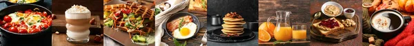 Set Tasty Breakfasts Dark Background — Zdjęcie stockowe