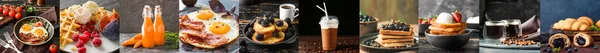 Set Tasty Breakfasts Dark Background — Stockfoto