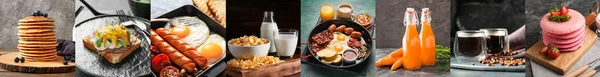 Set Tasty Breakfasts Dark Background — Stockfoto