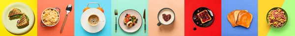 Collage Tasty Breakfasts Color Background Top View — 스톡 사진