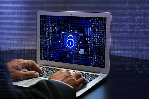 Businessman Using Laptop Locked Screen Concept Online Safety — Stock Photo, Image