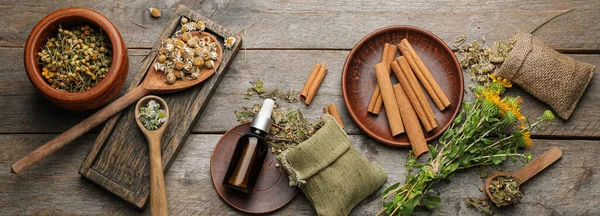 Bottle Essential Oil Herbs Spices Wooden Background —  Fotos de Stock