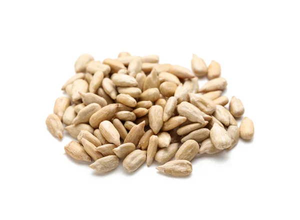 Pile Peeled Sunflower Seeds White Background — Stock Photo, Image