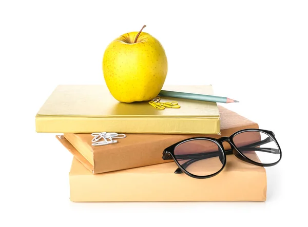 Books Apple Stationery Eyeglasses White Background — Stock Fotó