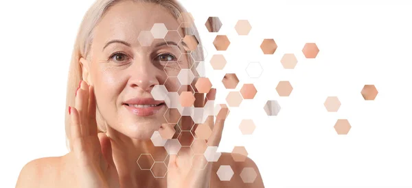 Collage Mature Blonde Woman White Background Skin Care Concept Stock Picture