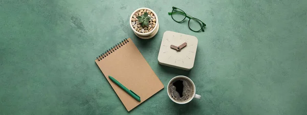 Alarm Clock Cup Coffee Eyeglasses Notebook Green Background Space Text — Photo