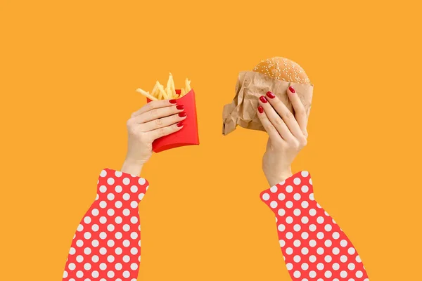 Female Hands French Fries Burger Orange Background — Stock Photo, Image