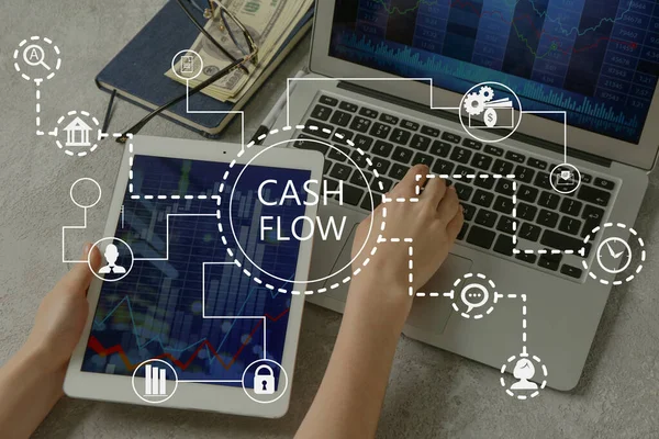Businesswoman Tablet Computer Laptop Office Cash Flow — 스톡 사진